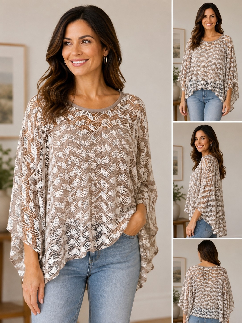 Valerie Stevens Beige and Cream Crochet Poncho Top